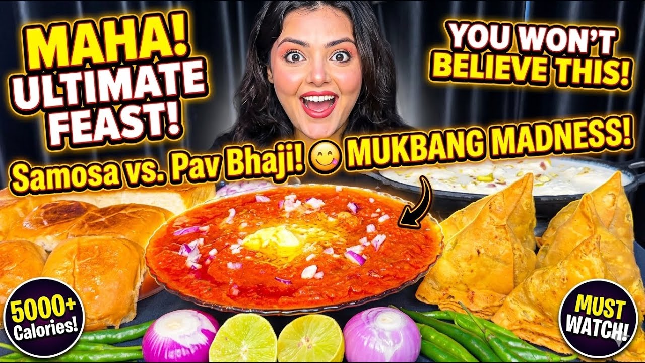 Huge Indian Street Food - Pav Bhaji, Samosa| Indian Sweet - Rasmalai | Eating Show