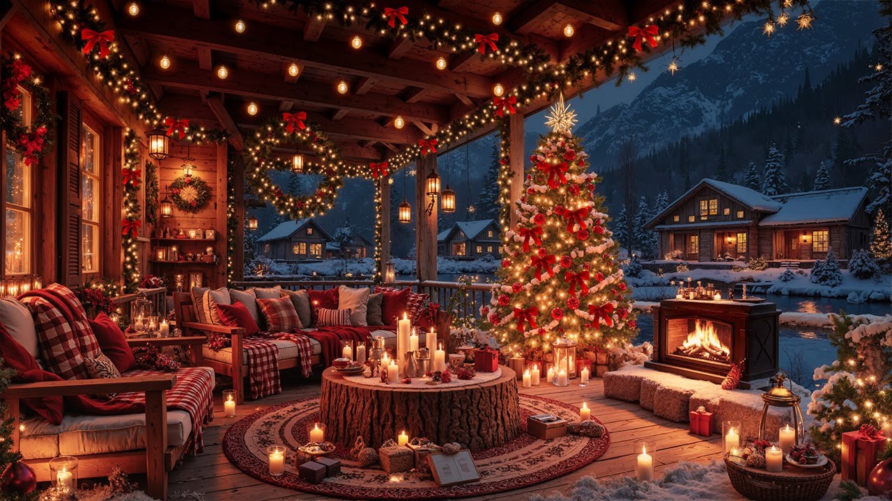 Cozy Cabin Ambience with Christmas Jazz Music 🎄 Crackling Fireplace & Gentle Snowfall for Great Mood