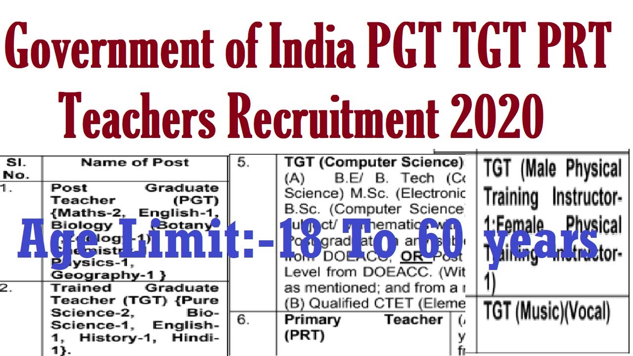 Government of India PRT TGT PGT PET Teachers Recruitment 2020, All india apply, Primary शिक्षक भर्ती