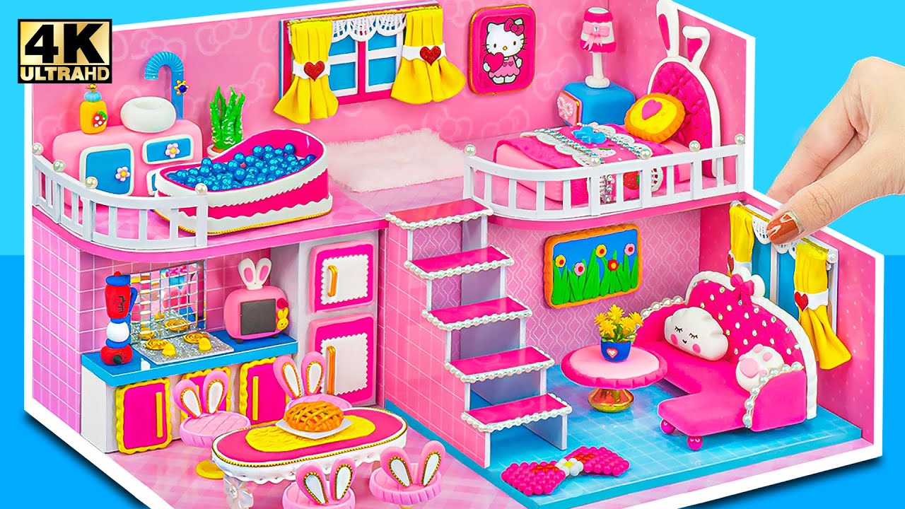 (EASY) How To Make Cutest Pink Bunny House from Polymer Clay, Cardboard ❤️ DIY Miniature House