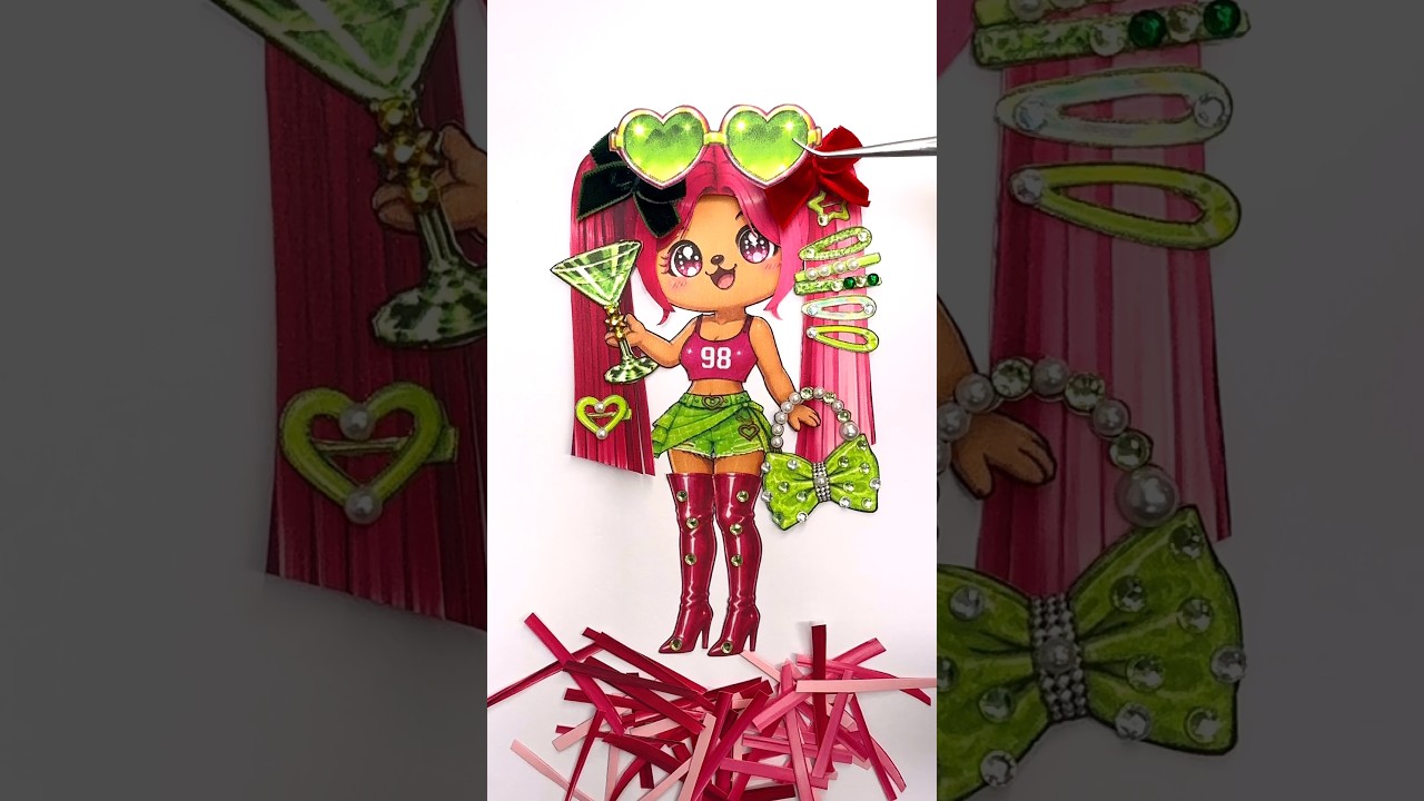 💗💚Pink Hair + Lime Accessories✨👠👗 #doll #paperdoll #paperdollcraft