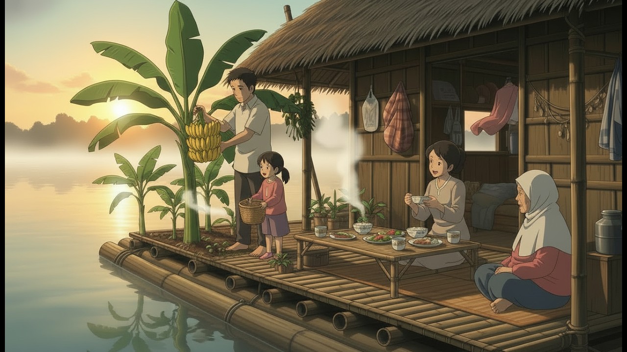 A small family lives on a floating house made of banana rafts.🌴🏜️😊