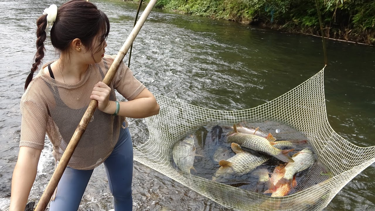 Survival Skills - Unique Fishing Technique, Traditional Fishing with Net, Catch a Lot of Big Fish