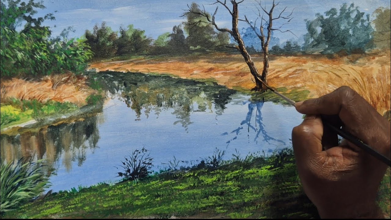 Peaceful River Landscape Painting | Realistic Nature Scenery Art | Hand-Painted Countryside View