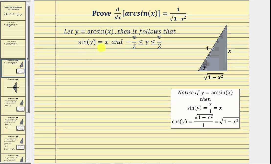 Proof - The Derivative of f(x)=arcsin(x):  d/dx[arcsin(x)]