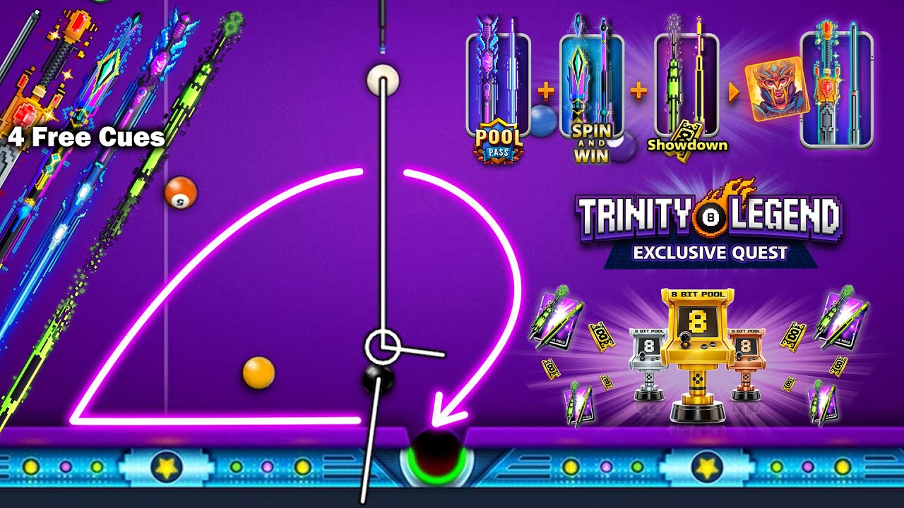 8 Ball Pool - Trinity Legend Quest 4 Free Cues + Pool Pass + Spin + Showdown Rank 2 - GamingWithK