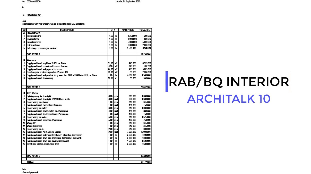 Cara membuat RAB/BQ interior