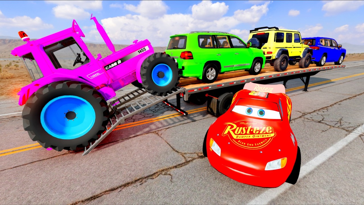 TRANSPORTING PIXAR CARS & FRUITS WITH COLORED & JOHN DEERE vs CLAAS vs TRACTORS - BeamNG.drive