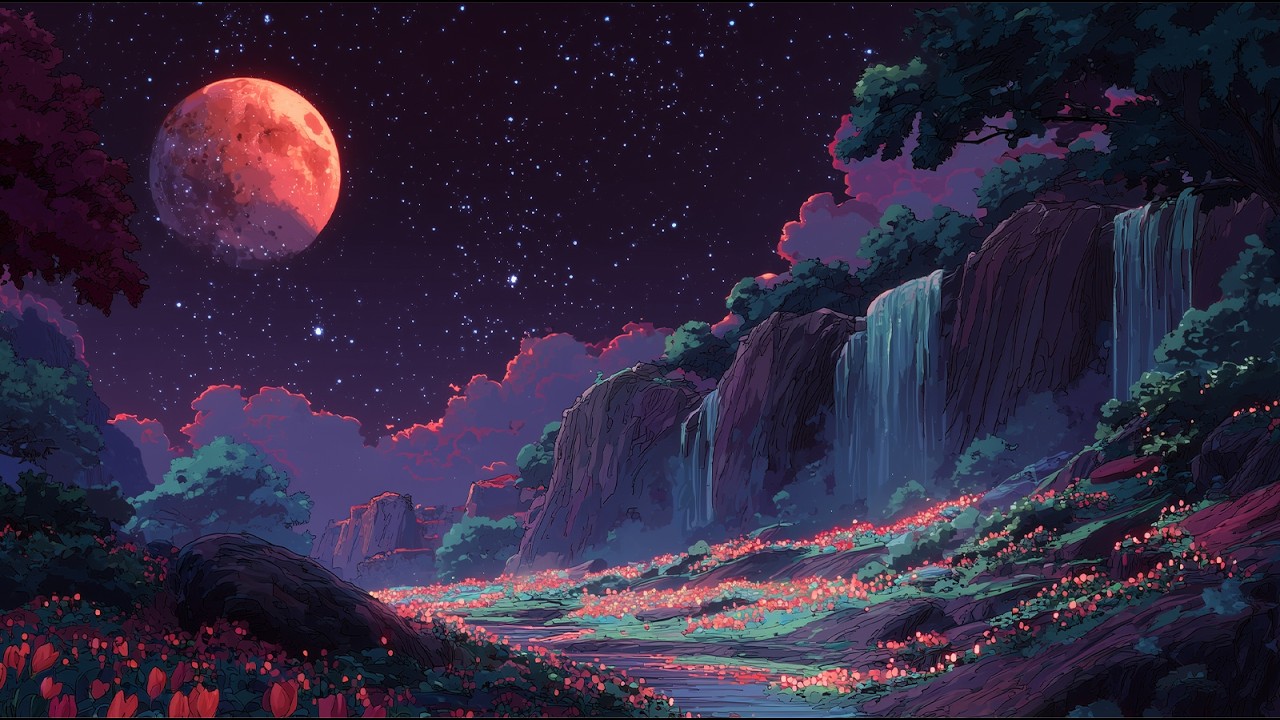 Crimson Moon Meadow &mdash; 4K Relaxing Loop | Dreamlike Night, Moon, Soft Ambient Motion