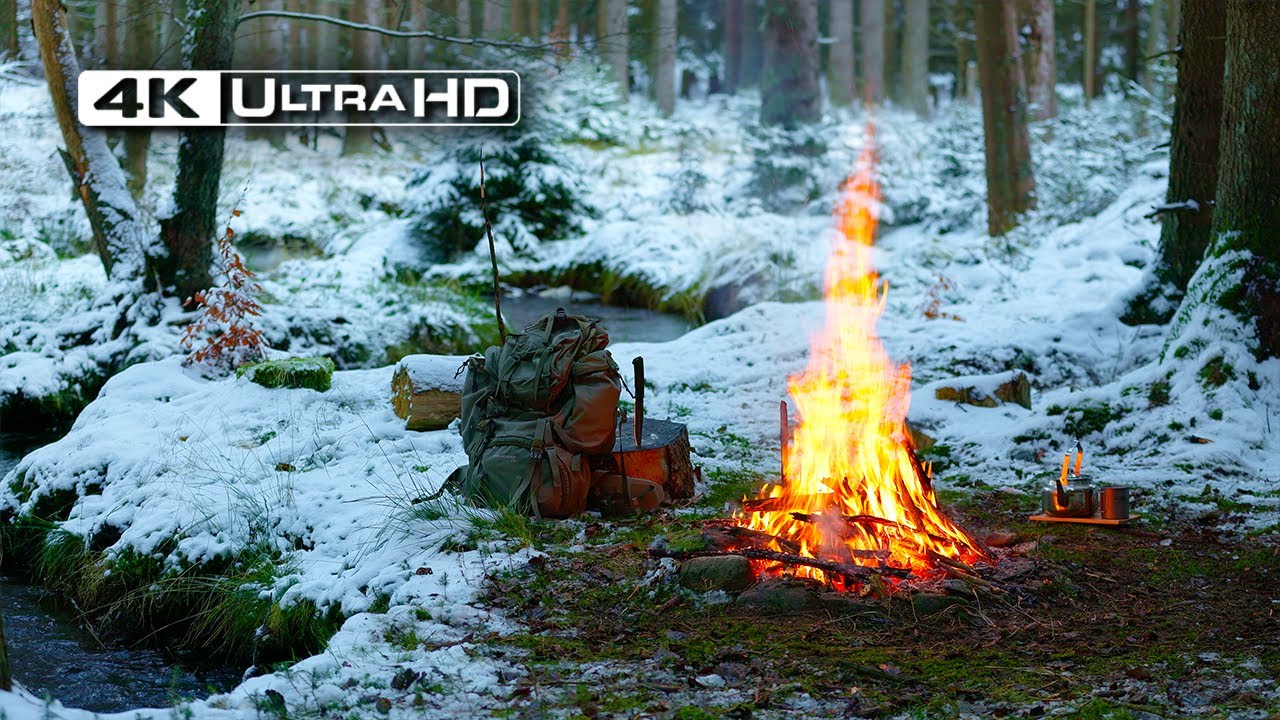 4K 📺 Зимний костер в заснеженном лесу 🌲❄️ 100% аутентичные звуки
