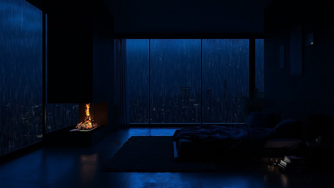 Rain on Window & Fireplace at Night 🔥☔ ASMR | Deep Sleep in a Luxury Penthouse Apartment