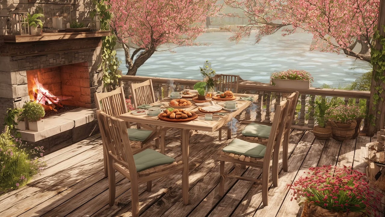 Spring Garden Fireplace Piano by the Riverside Cozy Floral River Ambience, Relaxing Music for Study