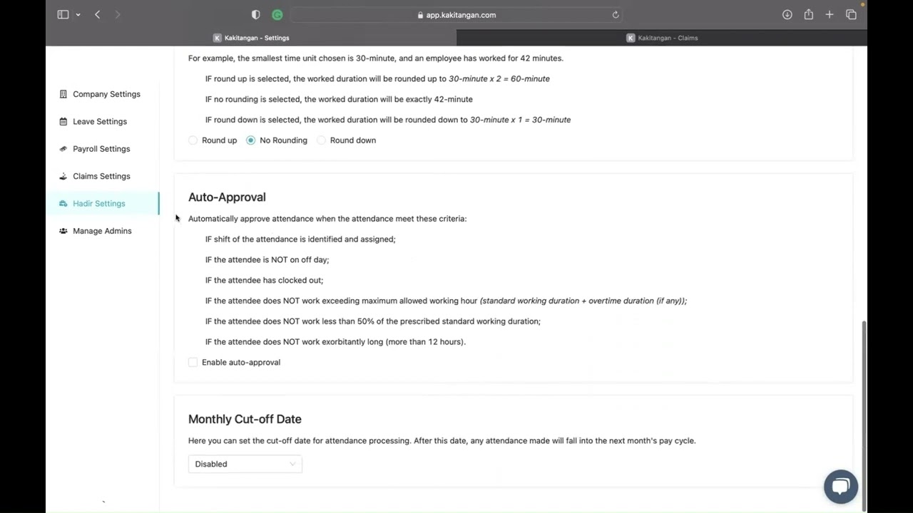 Kakitangan.com Hadir Attendance - Settings & Features