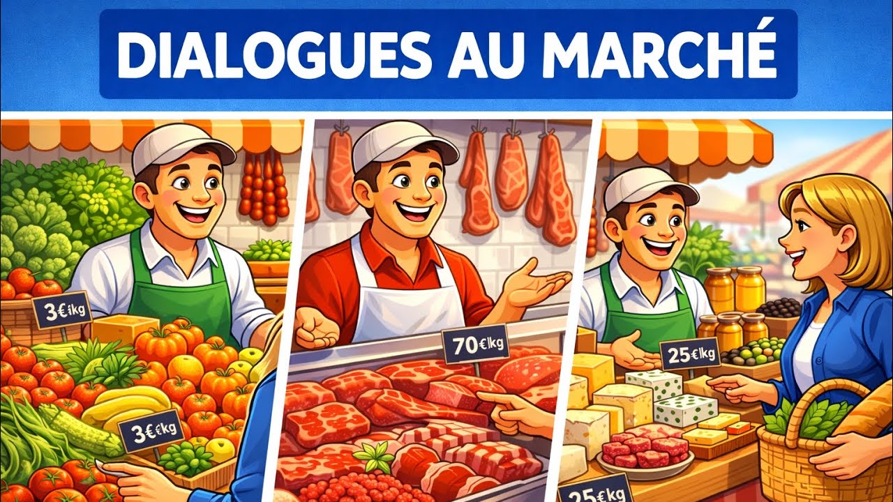 Apprendre le Français : Dialogues au Marché ,Fruits, Boucherie, Fromage (A1-A2).