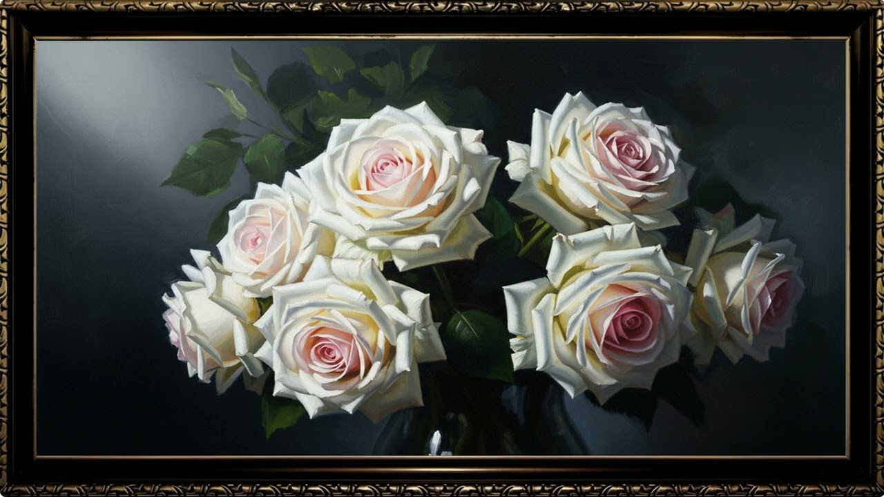 Moody White Roses Oil Art in 4K | Elegant Dark Background Gallery Display