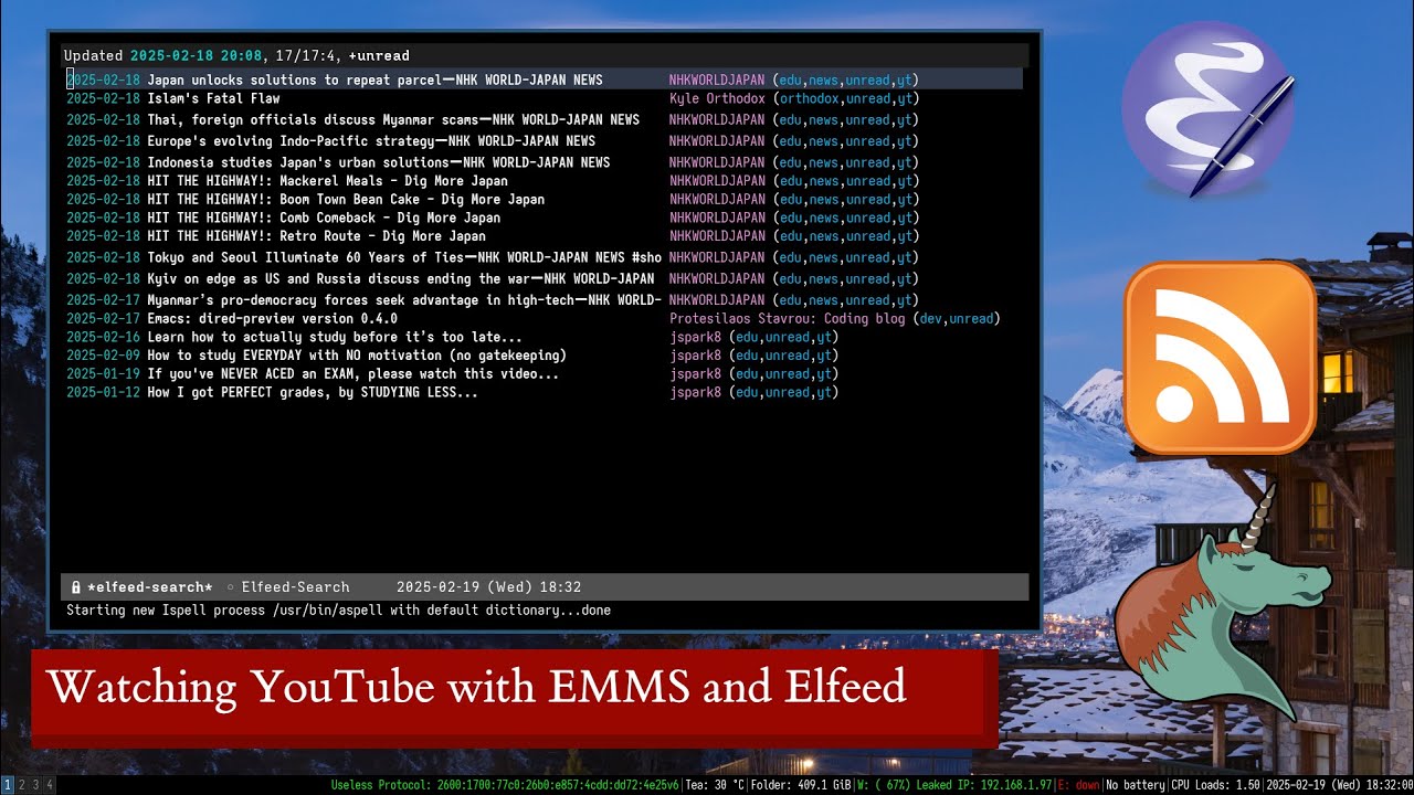 Watch YouTube with Emacs Elfeed and GNU EMMS