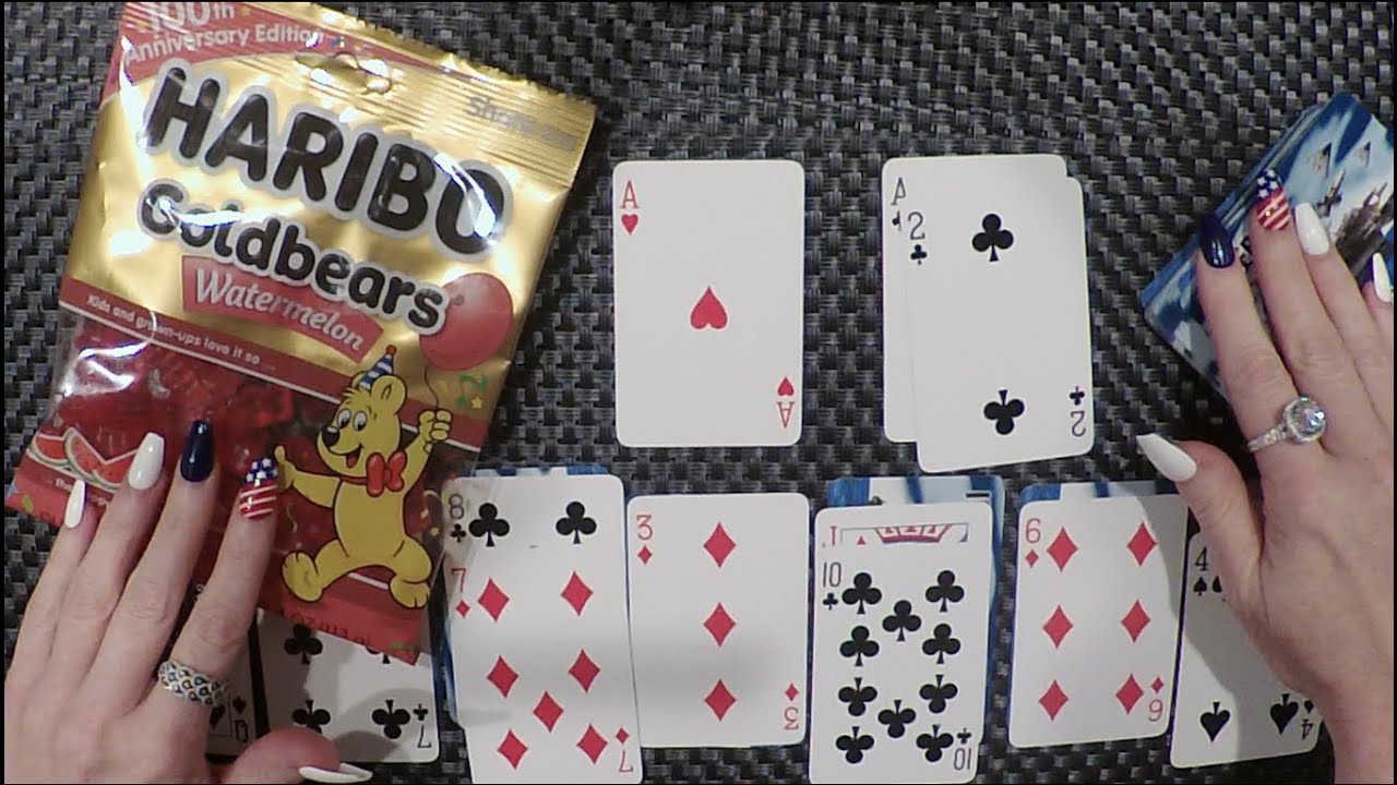 ASMR Eating Gummy Bears & Solitaire Card Playing | Whispered
