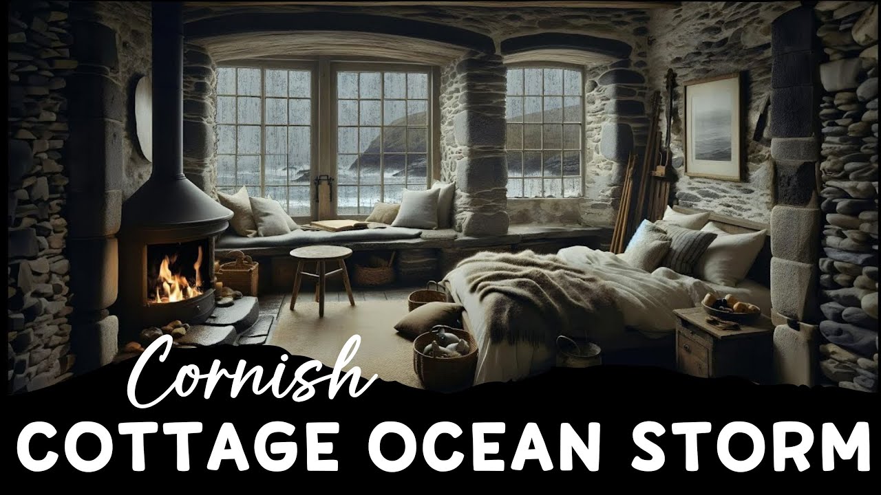 Cozy Cornish Coastal Cottage Ambience: Stormy Ocean Waves Rain Crackling Fireplace Sounds for Sleep