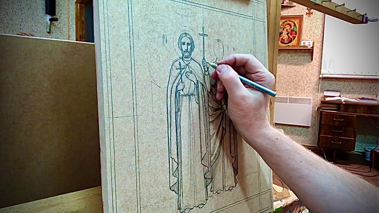 4.Рабочий рисунок простым карандашом.Процесс создания иконы «Семейная»33х40. С четырьмя святыми..