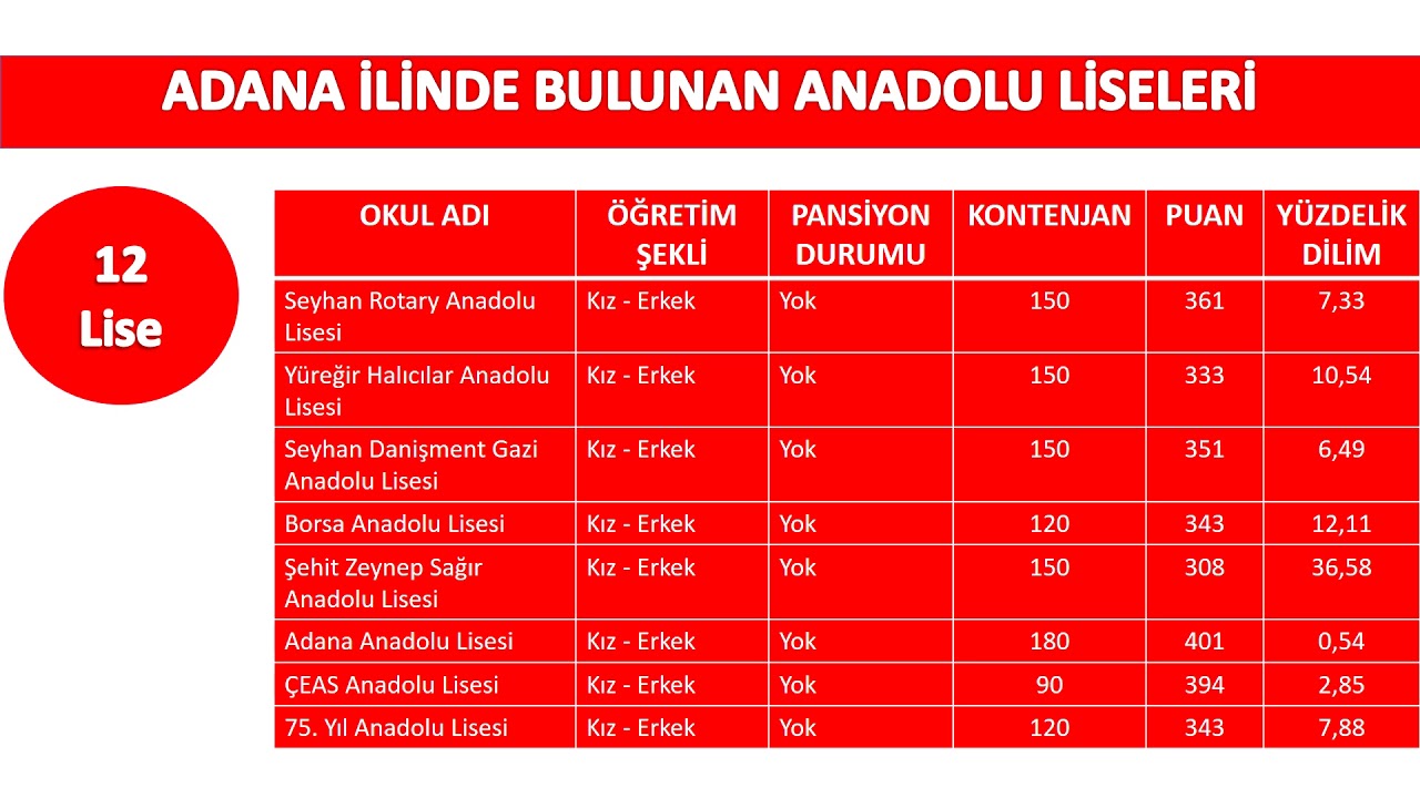 ADANA İLİNDE SINAVLA ÖĞRENCİ ALAN LİSELER