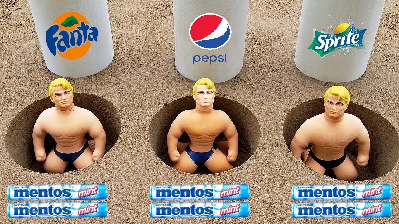 Coca Cola, Fanta, Sprite, Pepsi and Mentos vs Stretch Armstrong in Different Holes Underground