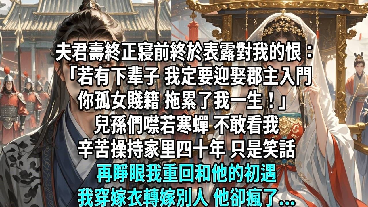 夫君壽終正寢前，終於表露對我的恨：「若有下辈子，我定要迎娶郡主入門。你孤女賤籍，拖累了我一生！」兒孫們噤若寒蟬，不敢看我，辛苦操持家里四十年，只是笑話，再睜眼，我重回和他的初遇，我穿嫁衣轉嫁別人，他卻