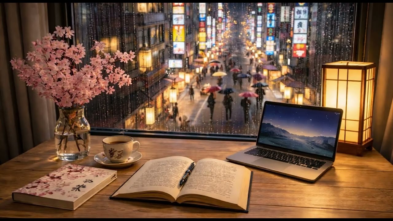 POV Tokyo nights and soft rain &mdash; cozy desk study session