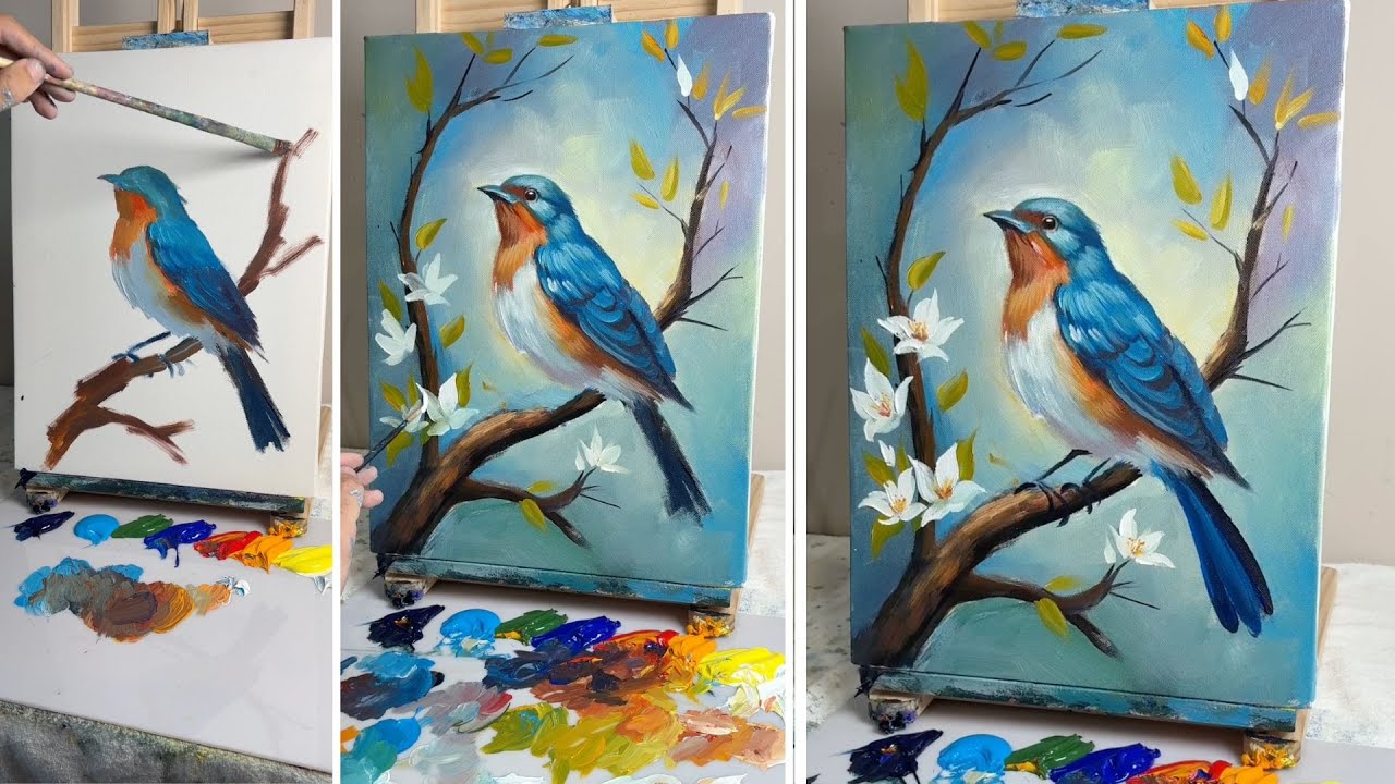 How to Paint a Blue Bird on a Branch | Easy Acrylic Painting Tutorial for Beginners