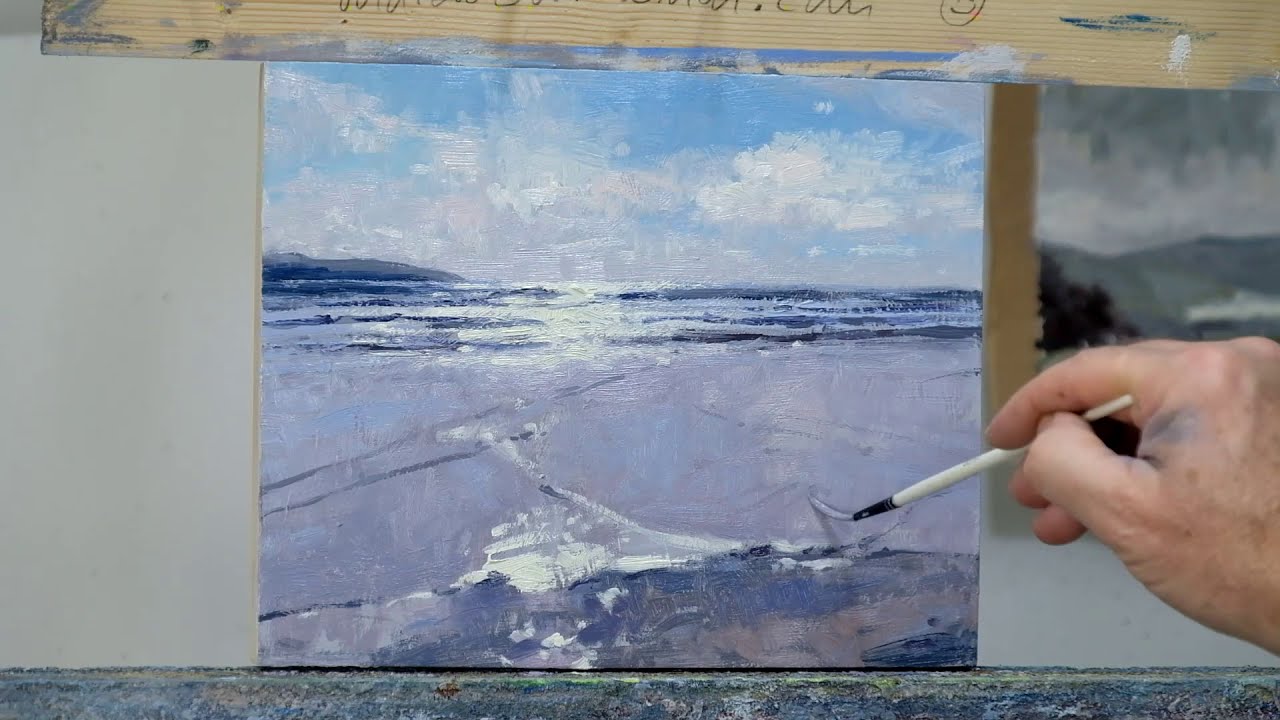 Painting sparkling light on a Cornish beach in oils from a photo.