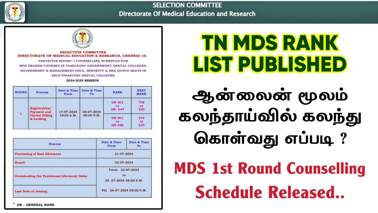 TN MDS Degree 1st Round Counselling Updates | Tamilnadu Medical Selection Admission - 2024