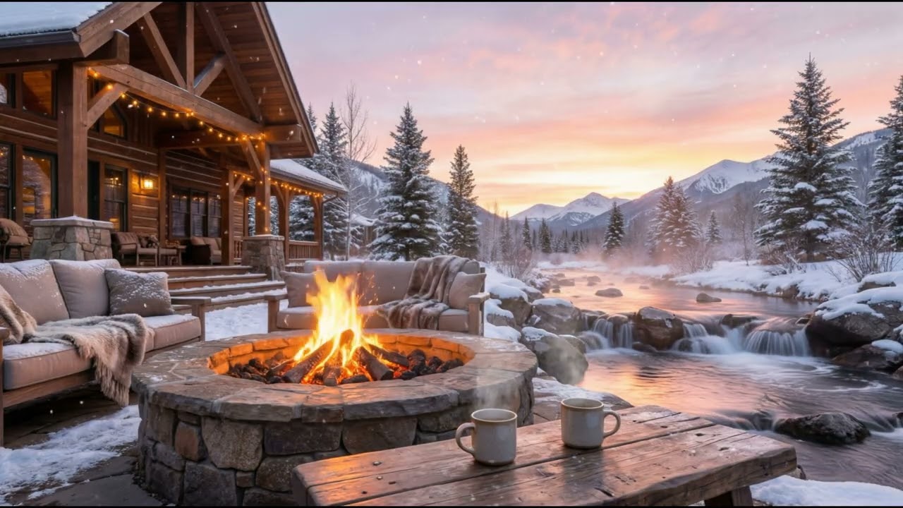 Serene Winter Sunrise with Coffee and Fireplace