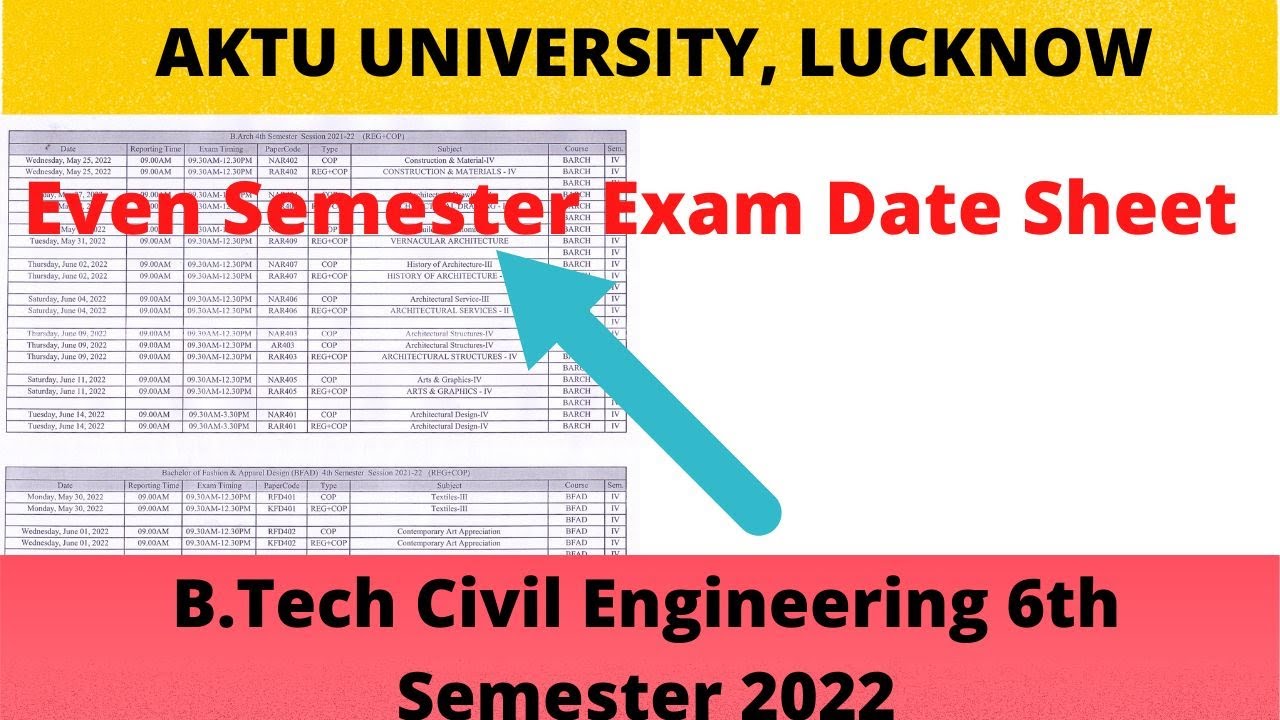B.Tech Civil Semester 6th exam date sheet 2022 || aktu