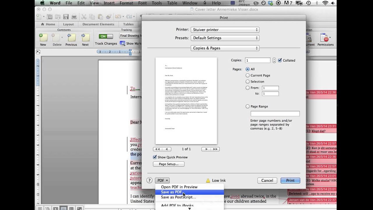 Printing without comments and changes in Word for Mac