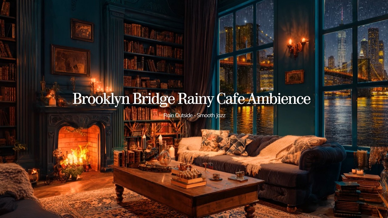 Brooklyn Bridge Rainy Night Ambience 🌧️ Cozy NYC Café | 3 Hours Smooth Jazz for Study & Relax