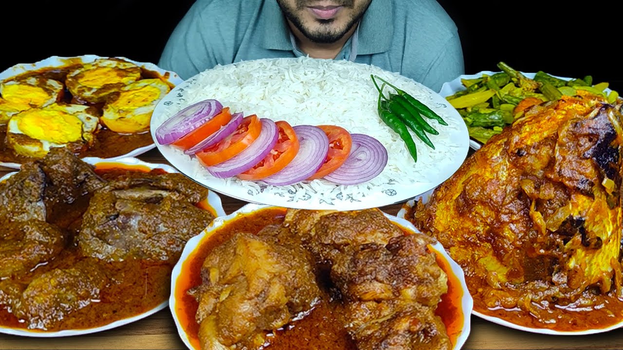 EATING CHICKEN LIVER+GIZZARD CURRY, CHICKEN CURRY, BIG FISH HEAD, EGG CURRY, VEG, RICE |EATING SOUND