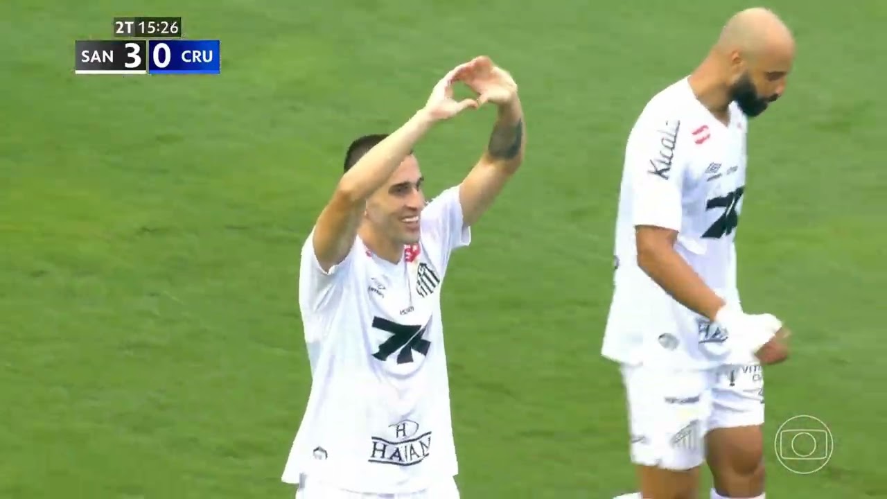 Gol de Jo&atilde;o Schmidt: Santos 3x0 Cruzeiro - Brasileir&atilde;o 2025 (Globo)