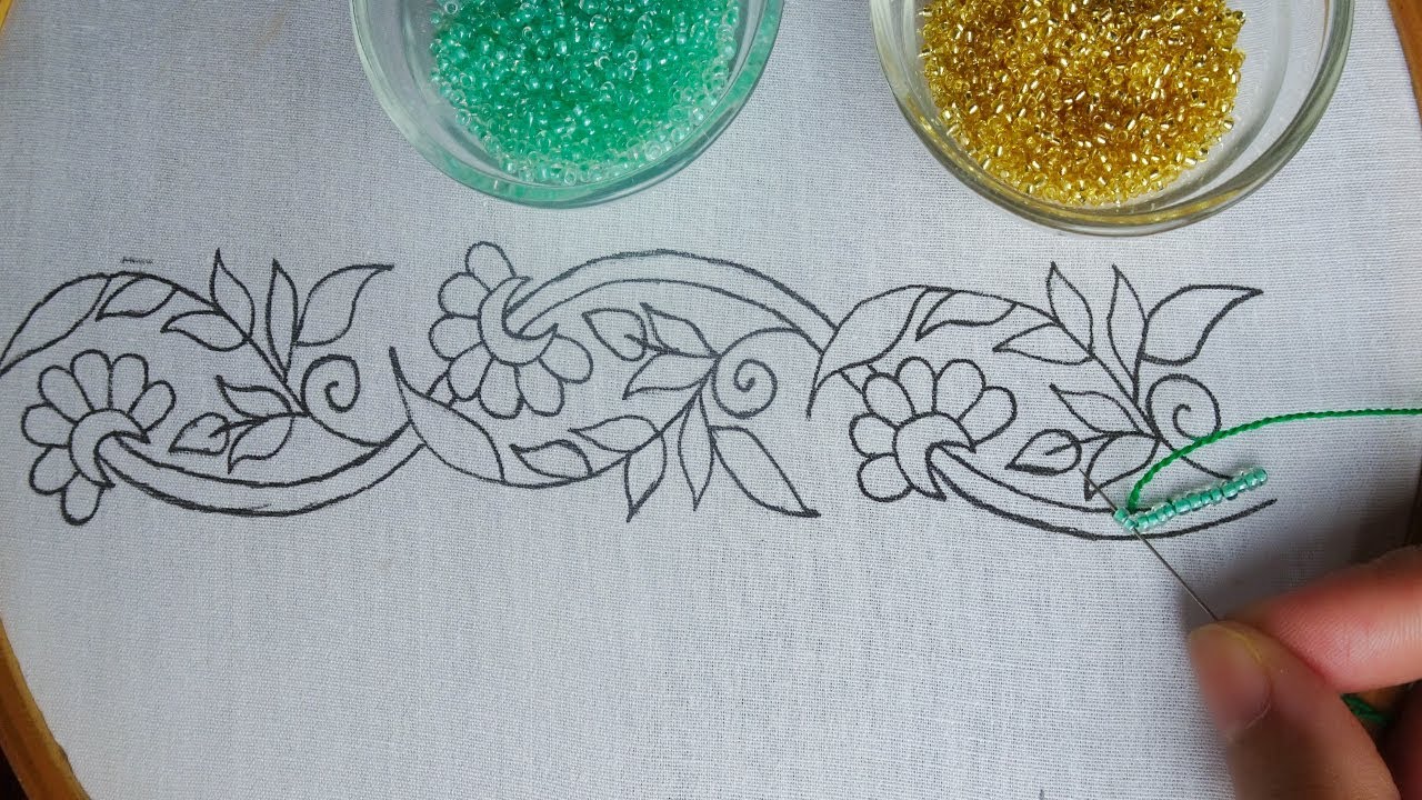 hand embroidery: beaded border line embroidery| beads work for dress