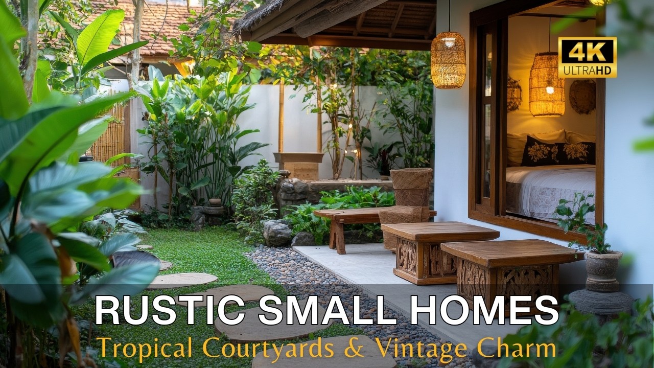 Rustic Small Homes: Tropical Courtyards with Lush Greenery & Vintage Charm for Peaceful Living