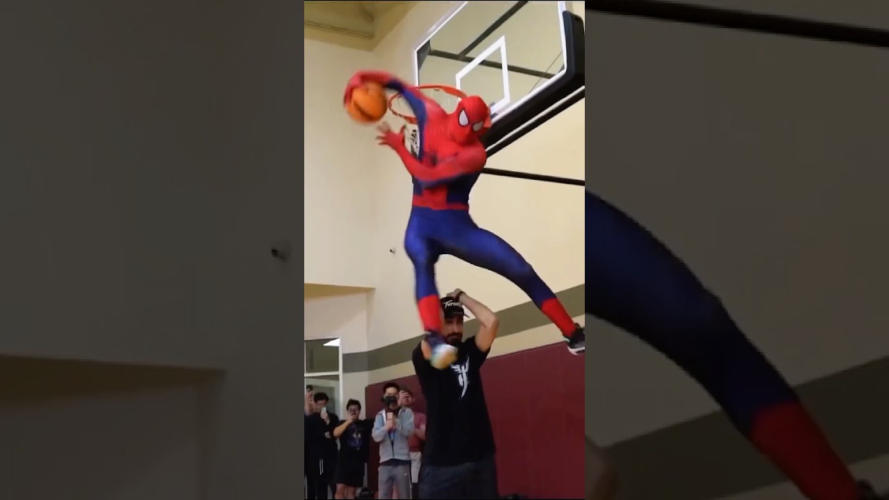Spider-man enters dunk contest then takes off his mask!