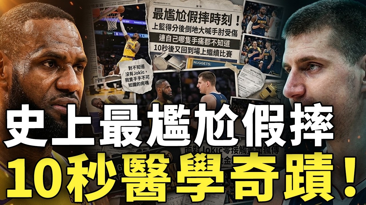 最尷尬假摔時刻！LeBron James上籃得分後倒地大喊手肘受傷卻連自己哪隻手痛都不知道，10秒後又回到場上繼續比賽，面對Jokic零接觸畫面瘋傳，湖人仍不敵金塊再吞敗仗