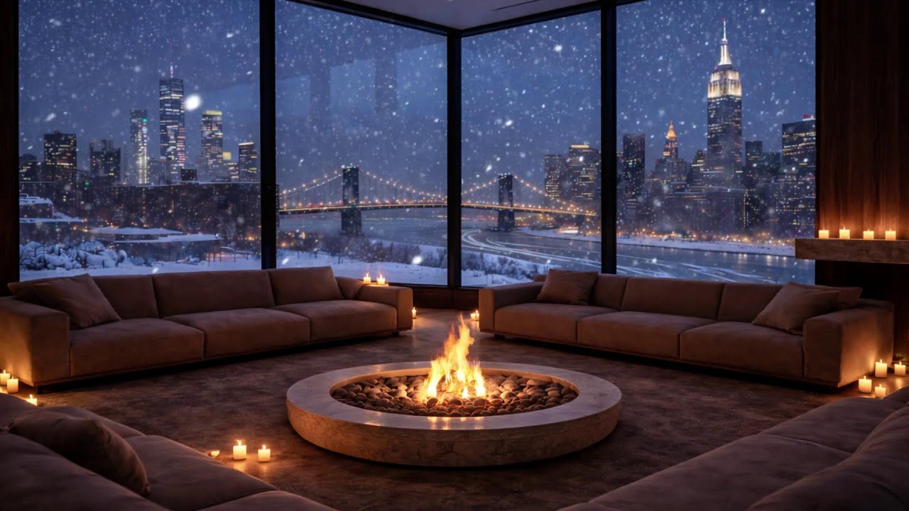 Deep Sleep Jazz 🕯 Winter Fireplace & Snowfall Live