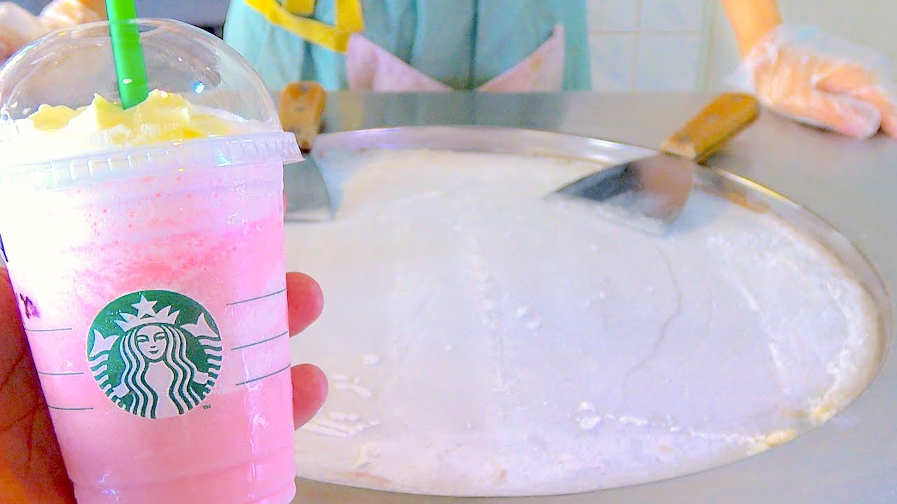Starbucks Cotton Candy Frappuccino ice cream VS starbucks Latte coffee ice cream rolls challenge