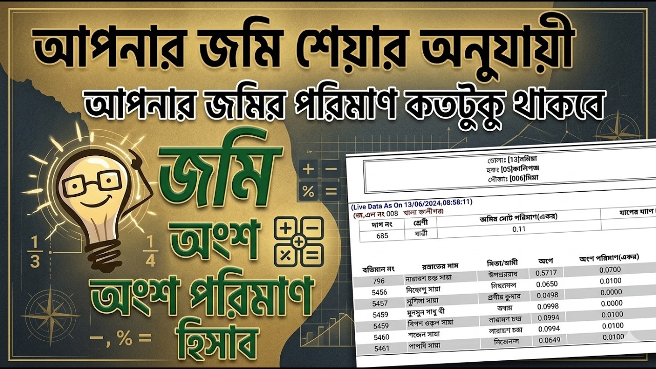 জমির খতিয়ানে অংশ ও পরিমাণের হিসাব করার পদ্ধতি | Land Share Calculation in land survey