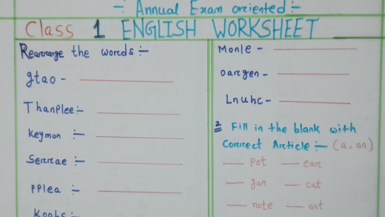 EXAM ORIENTED CLASS 1 ENGLISH WORKSHEET|| HELPFUL FOR ANNUAL EXAM