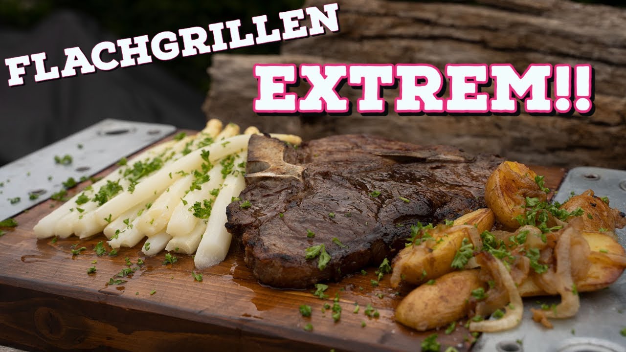 flachgrillen Extrem - Porterhouse Steak mit Bratkartoffeln und Spargel vom Flachgrill