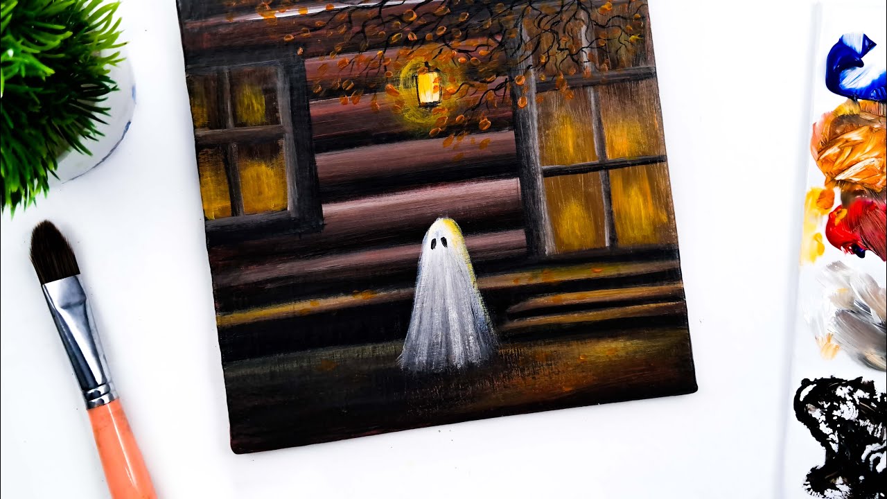 Spooky Ghost House Painting / Easy Acrylic Tutorial for Beginners 🎨👻/ PAINTED