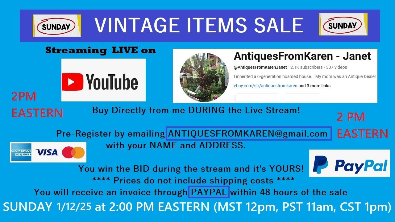 LIVE Vintage Sale 1/12 SUNDAY 2:00 Pm Eastern BUY DURING THE STREAM