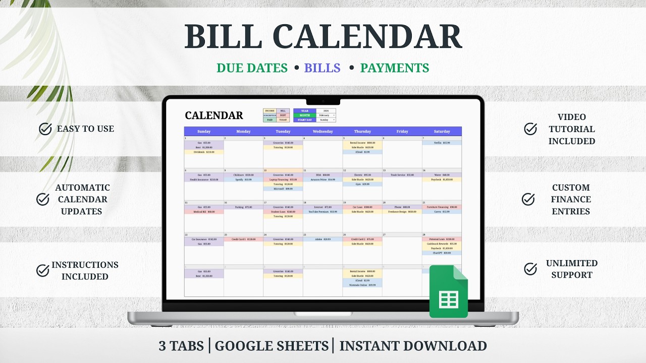 Bill Calendar Spreadsheet Tutorial - Due Dates - Bills - Payments