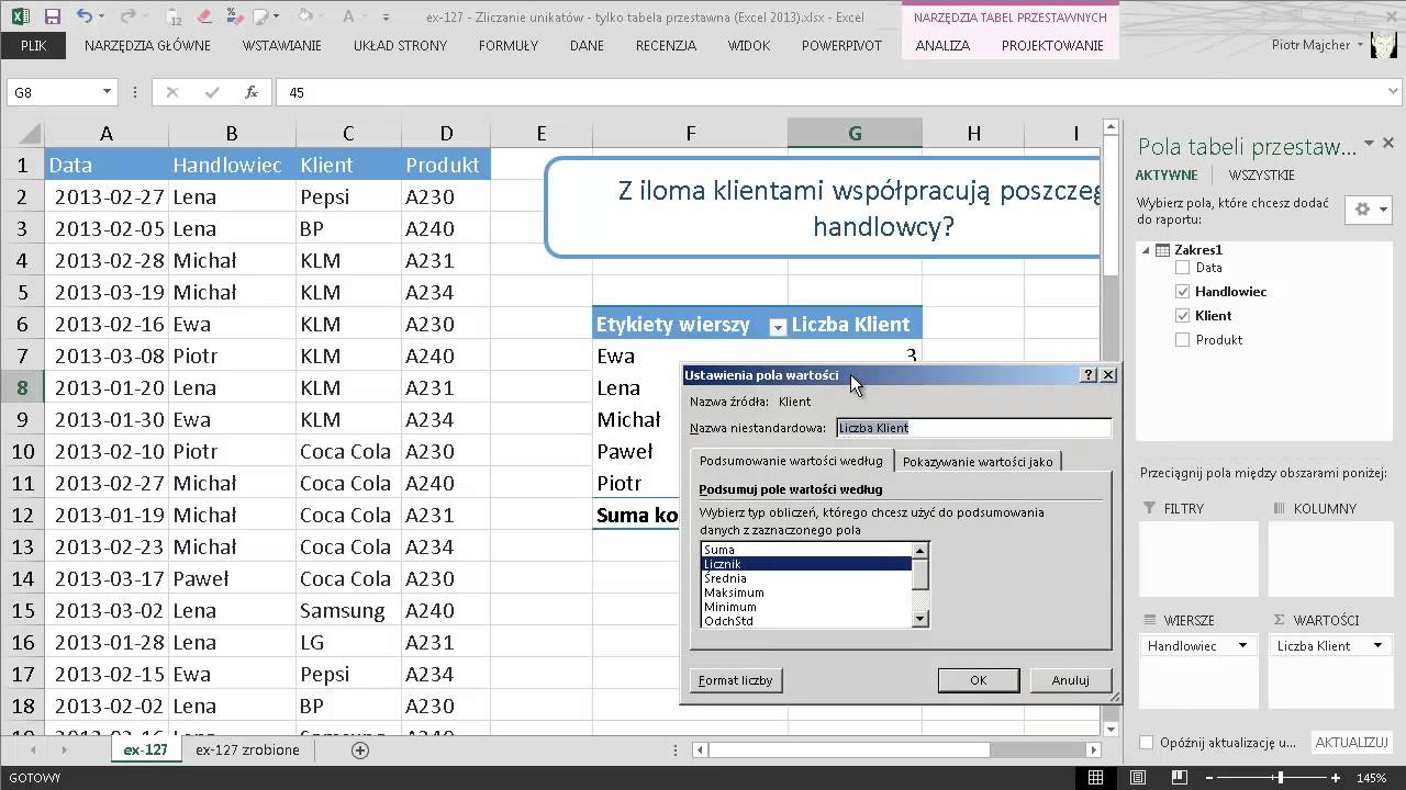 excel-127 - Zliczanie unikalnych kombinacji - tylko tabela przestawna (Excel 2013)
