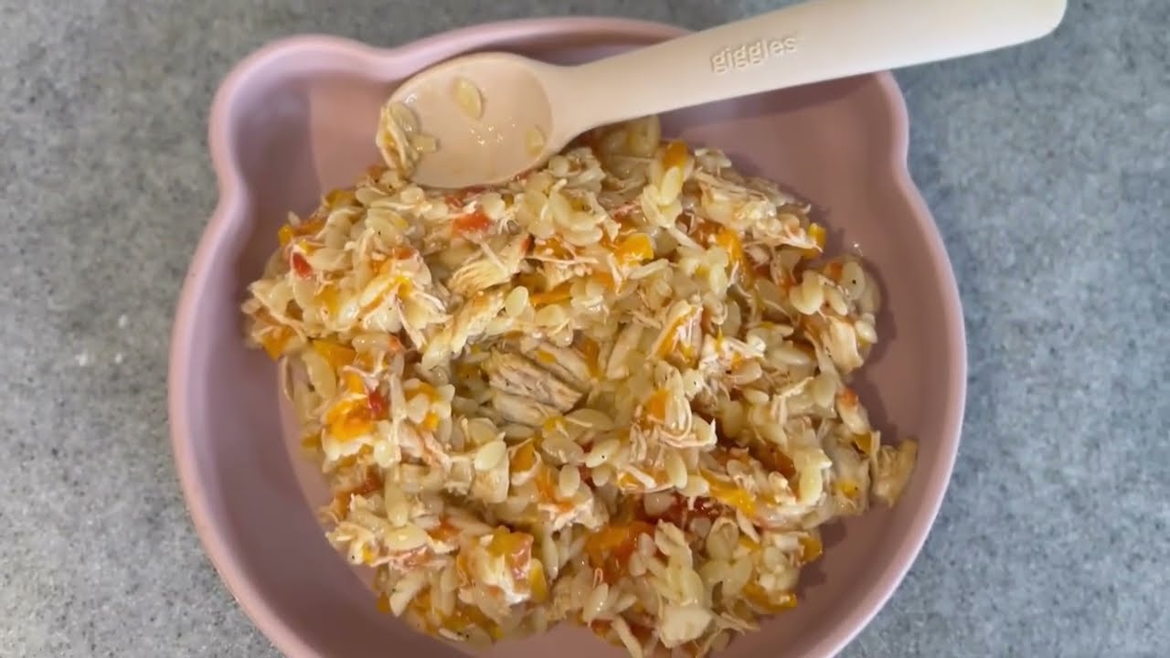  لسان عصفور بالدجاج والخضار للرضع من ٦ شهور | orzo with chicken & veggies for babies 6+ months